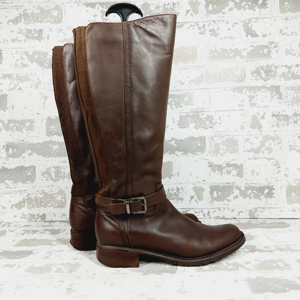 Blondo Valente Brown Leather Elastic Panel Buckle Detail Riding Boots H684